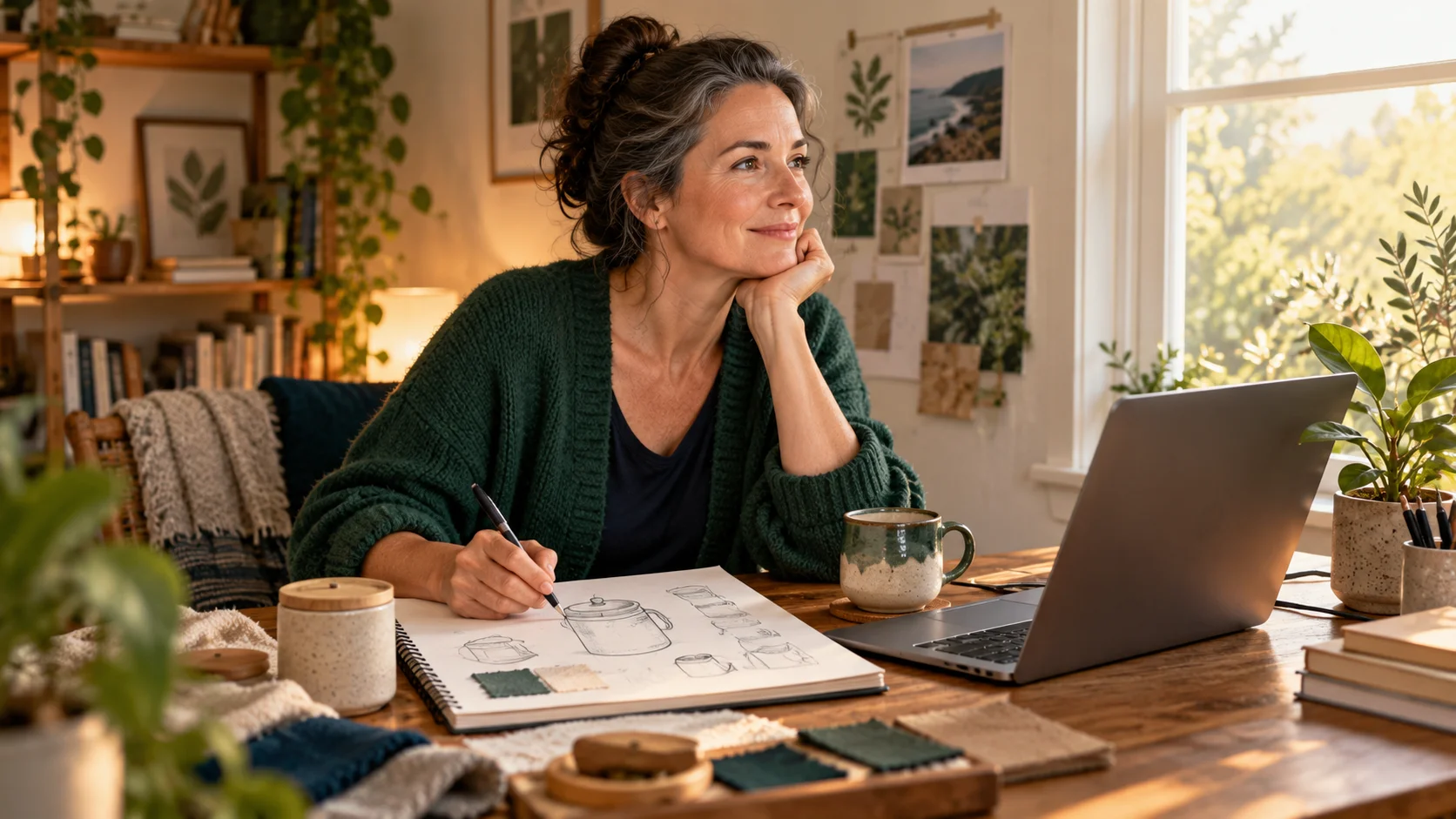 A solo entrepreneur developing a business idea at home