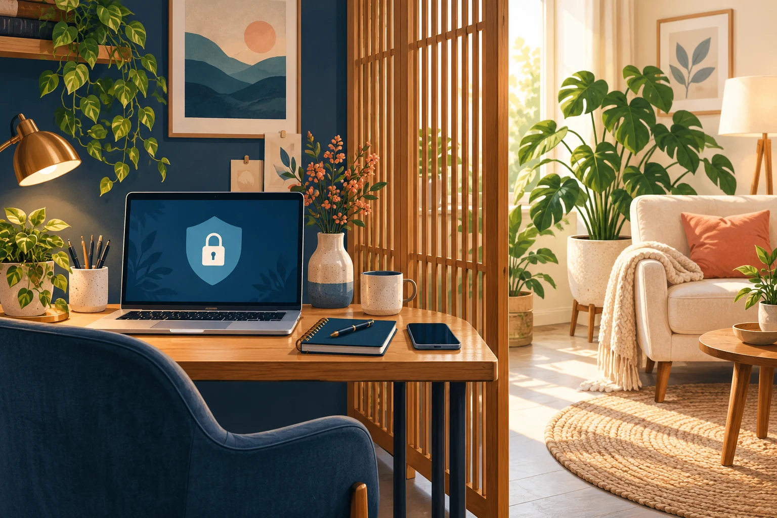 A calm home workspace separated from a living area by a wooden divider, with a privacy shield on the laptop