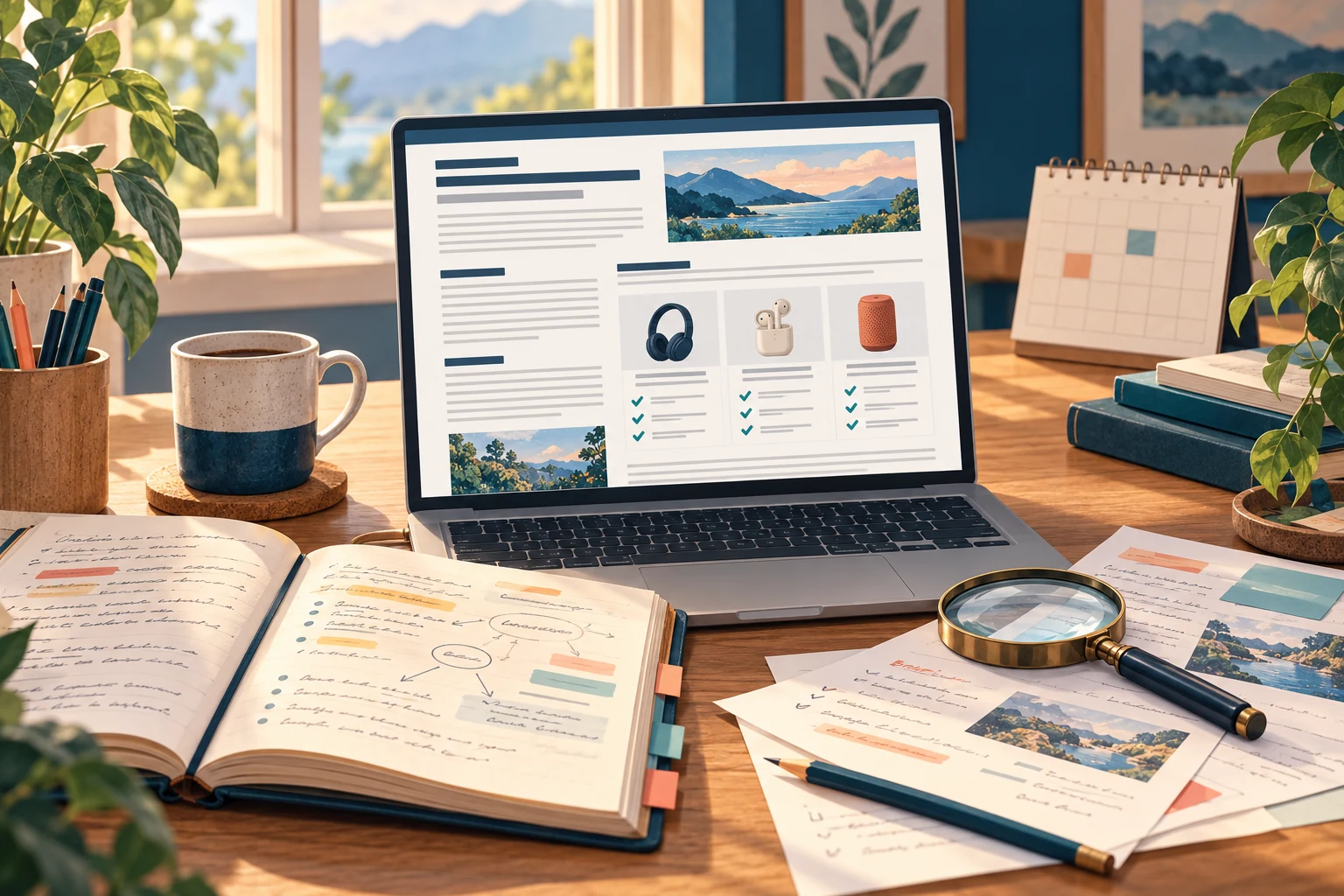 An illustrated research workspace with an organised article on a laptop, annotated notes and a calendar in the background