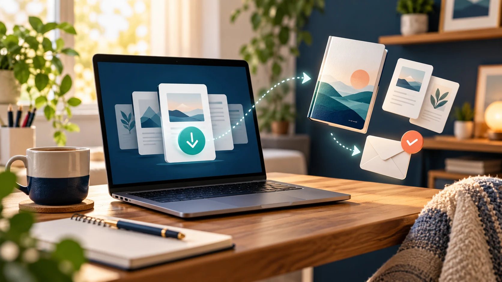 Laptop with digital files, an ebook and an email symbol illustrating automatic product delivery