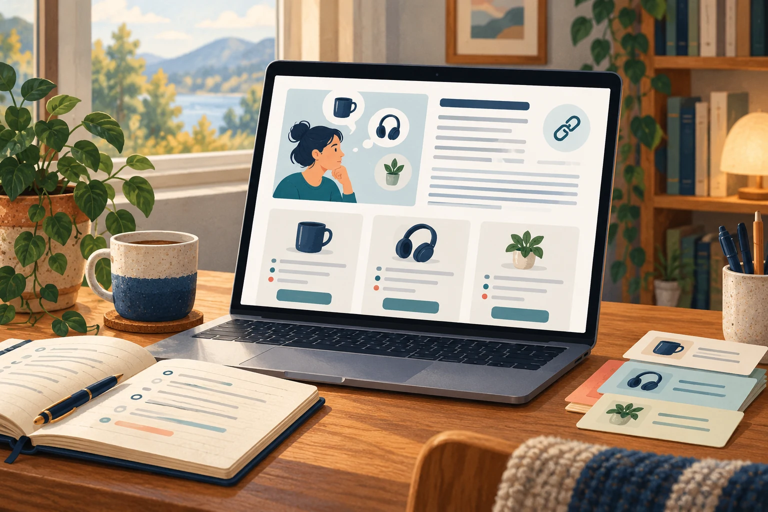 An illustrated laptop showing a helpful guide and resource cards beside a notebook of recommendations