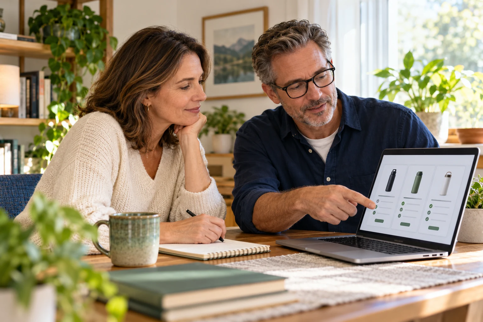 Two people calmly comparing product options on a laptop at a home office table
