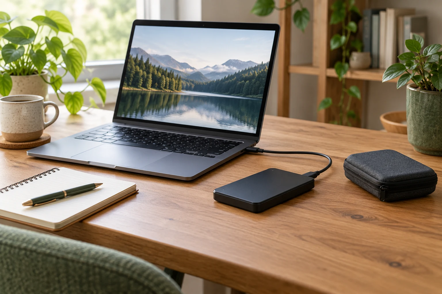 Illustrative home office with a laptop, connected external drive and separate drive case