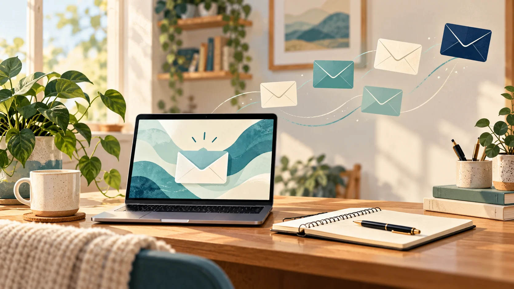Laptop and floating envelopes in a welcoming home office