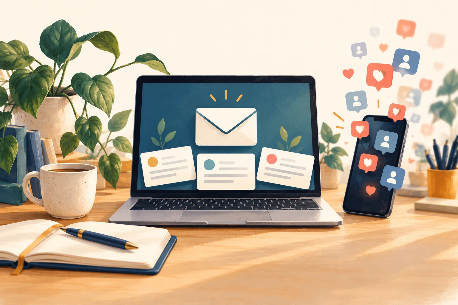 An illustrated laptop with an email envelope beside a phone surrounded by social media reaction icons