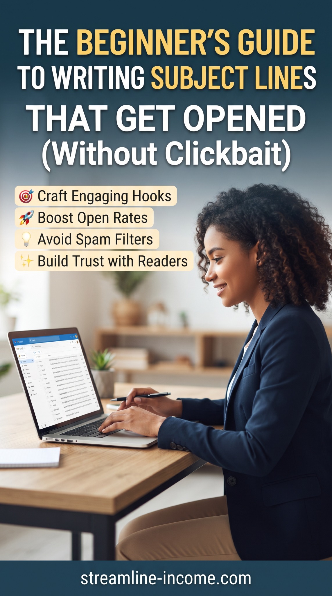 Streamline Income pin about writing engaging email subject lines without clickbait and building trust with readers
