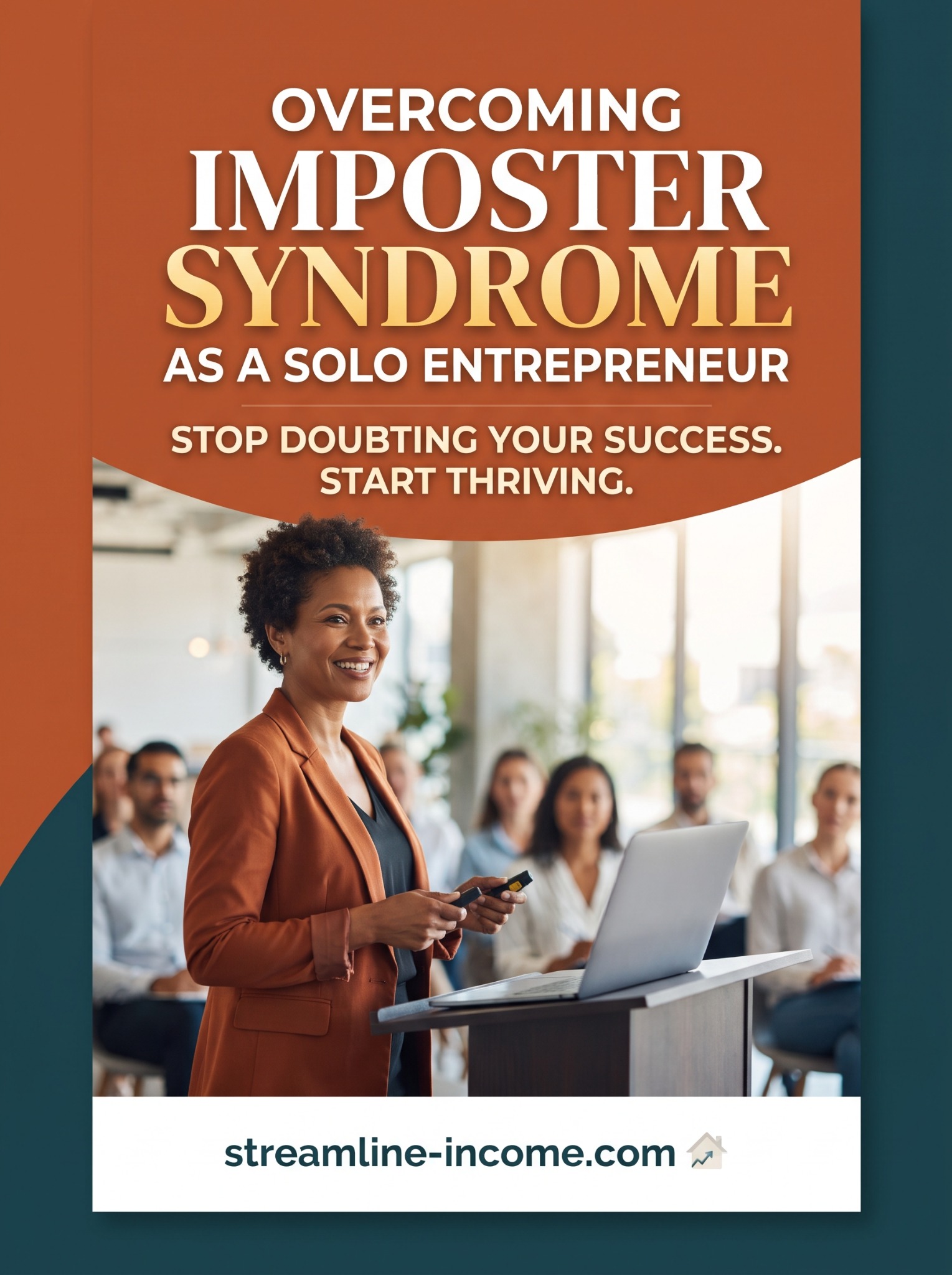 Overcoming imposter syndrome as a solo entrepreneur: a woman presenting confidently, with the words Stop doubting your success. Start thriving.