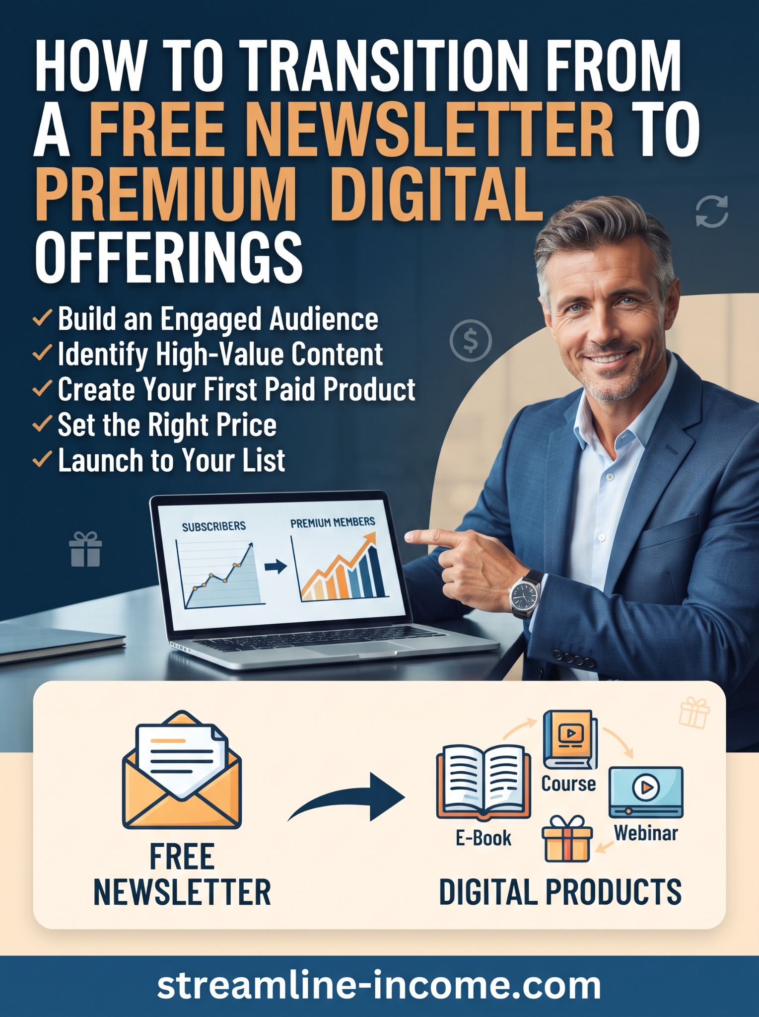 Streamline Income pin showing a free newsletter leading to ebooks, courses and webinars, with steps for choosing, pricing and launching a paid product