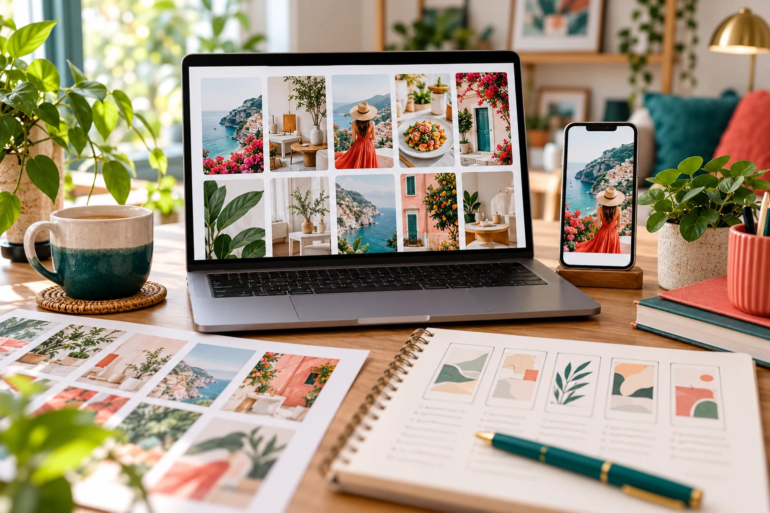 Laptop and phone displaying portrait image collections beside a notebook of Pin layout ideas