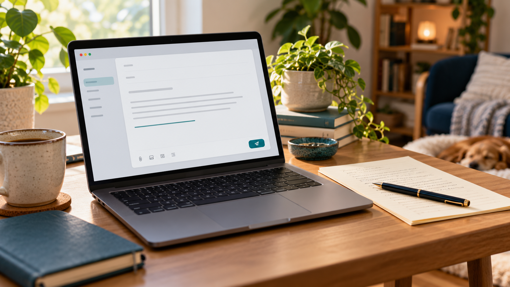 Laptop displaying a simple email draft beside a handwritten letter and pen