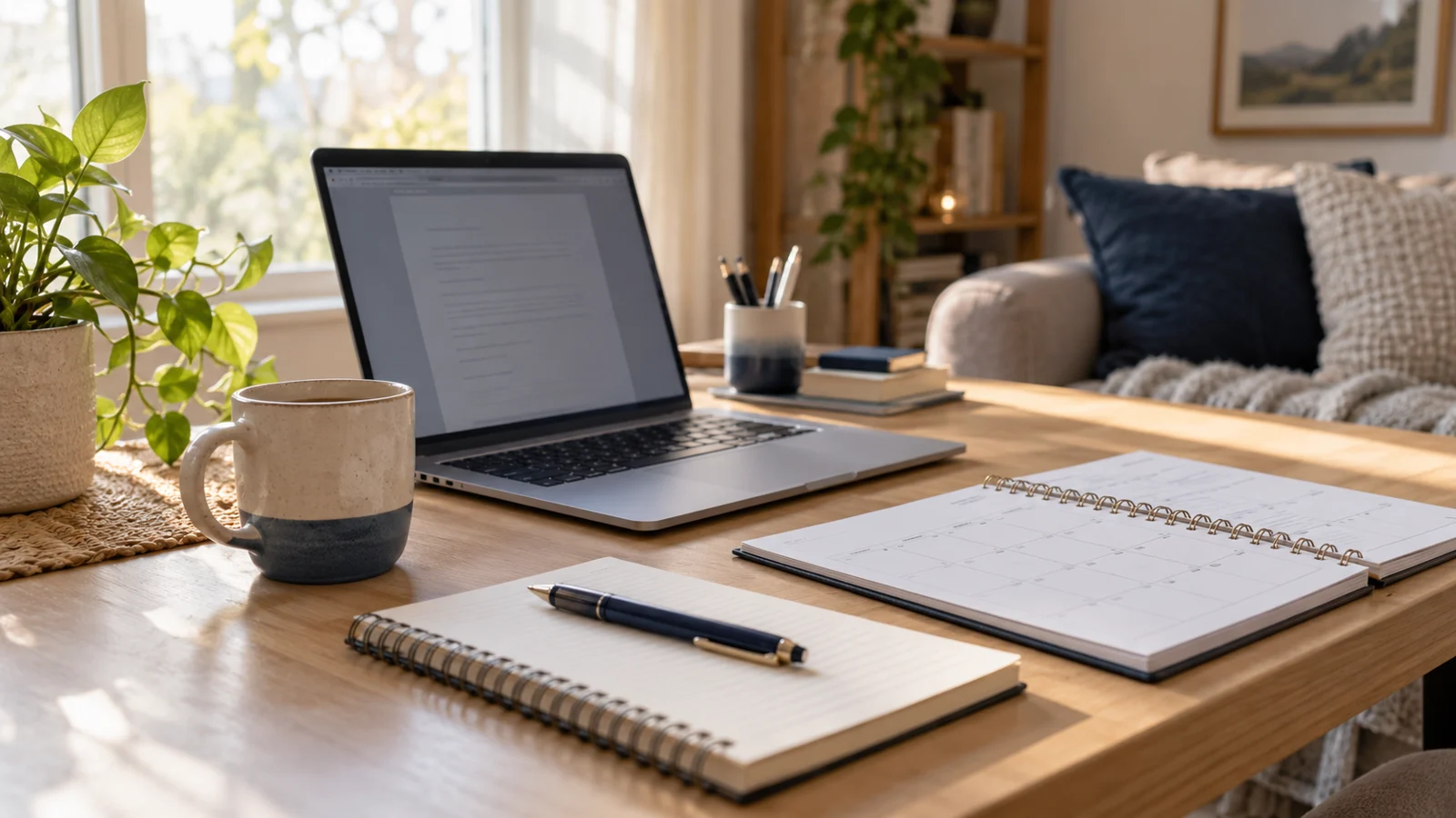 A modest home workspace with a laptop, notebook and planner in soft morning light