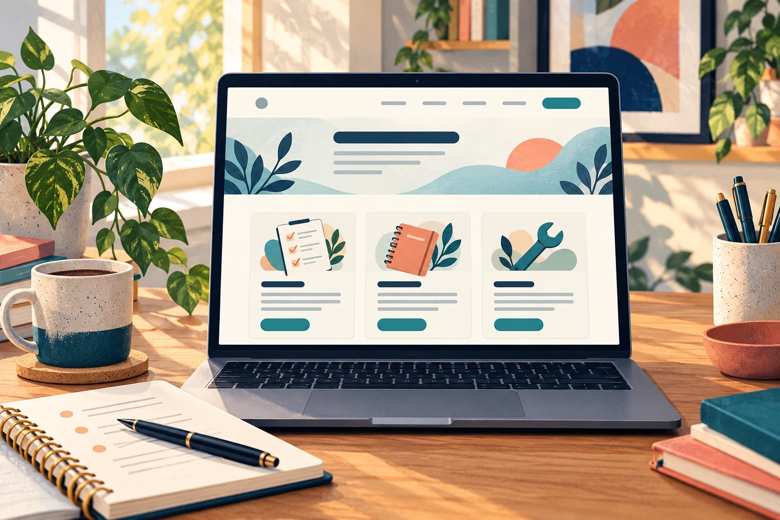 An illustrated laptop showing an organised resource page with three clearly arranged resource cards