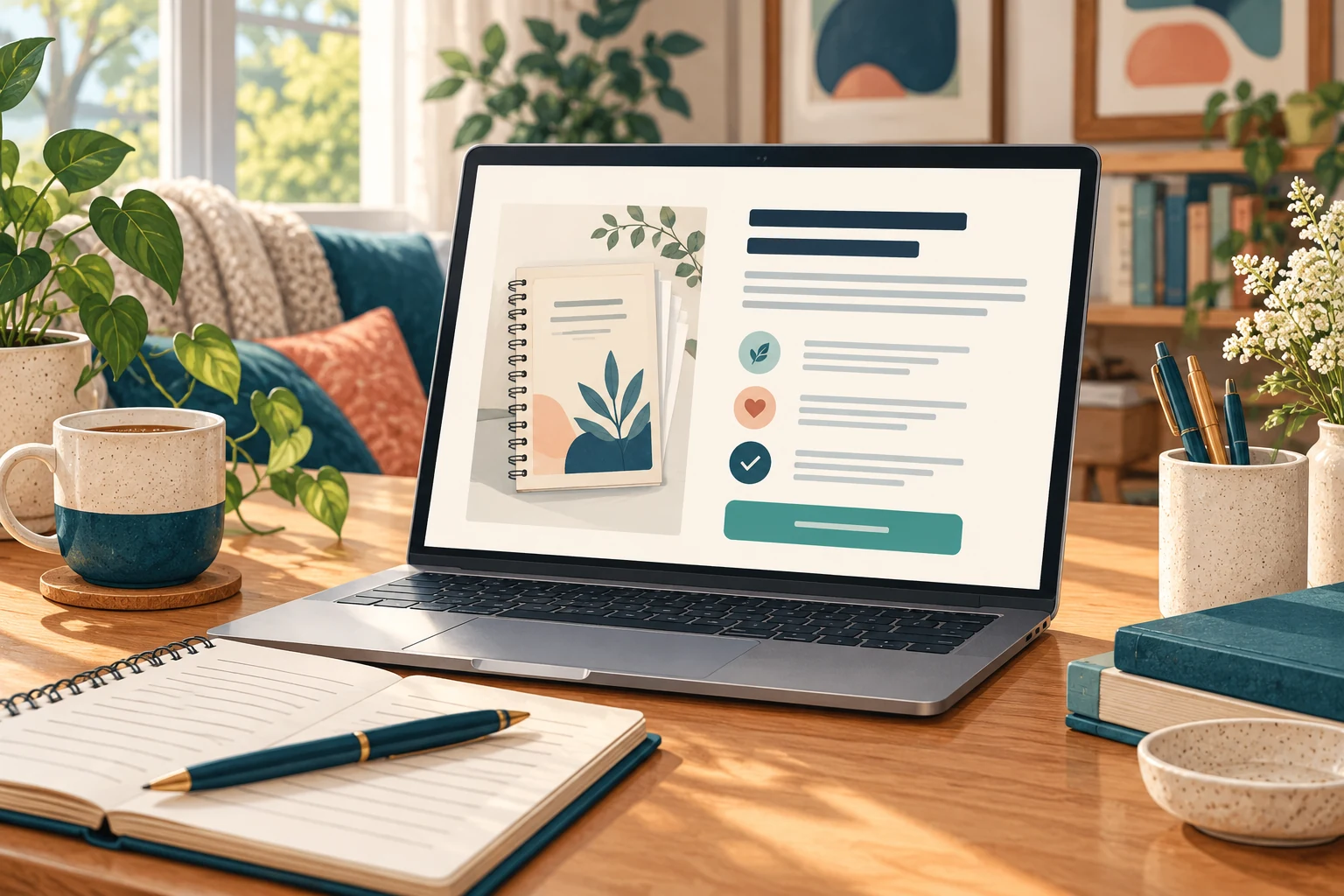 An illustrated laptop showing a clear product page with a workbook preview, useful details and a simple purchase button