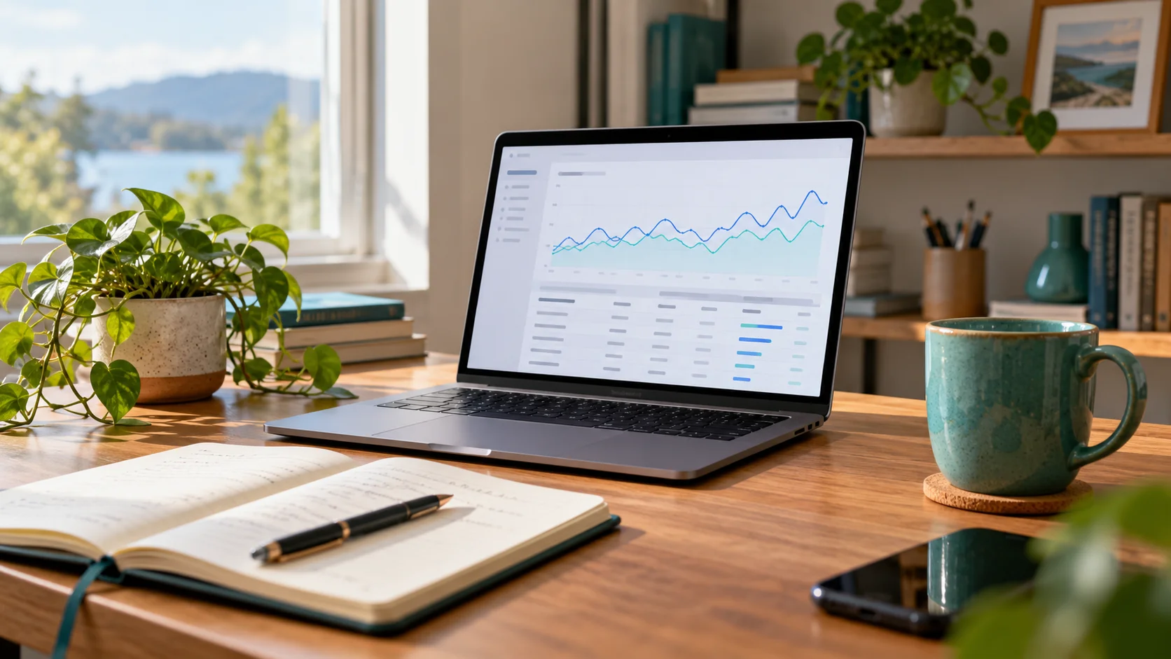 Laptop with an illustrative analytics display beside a notebook in a home office