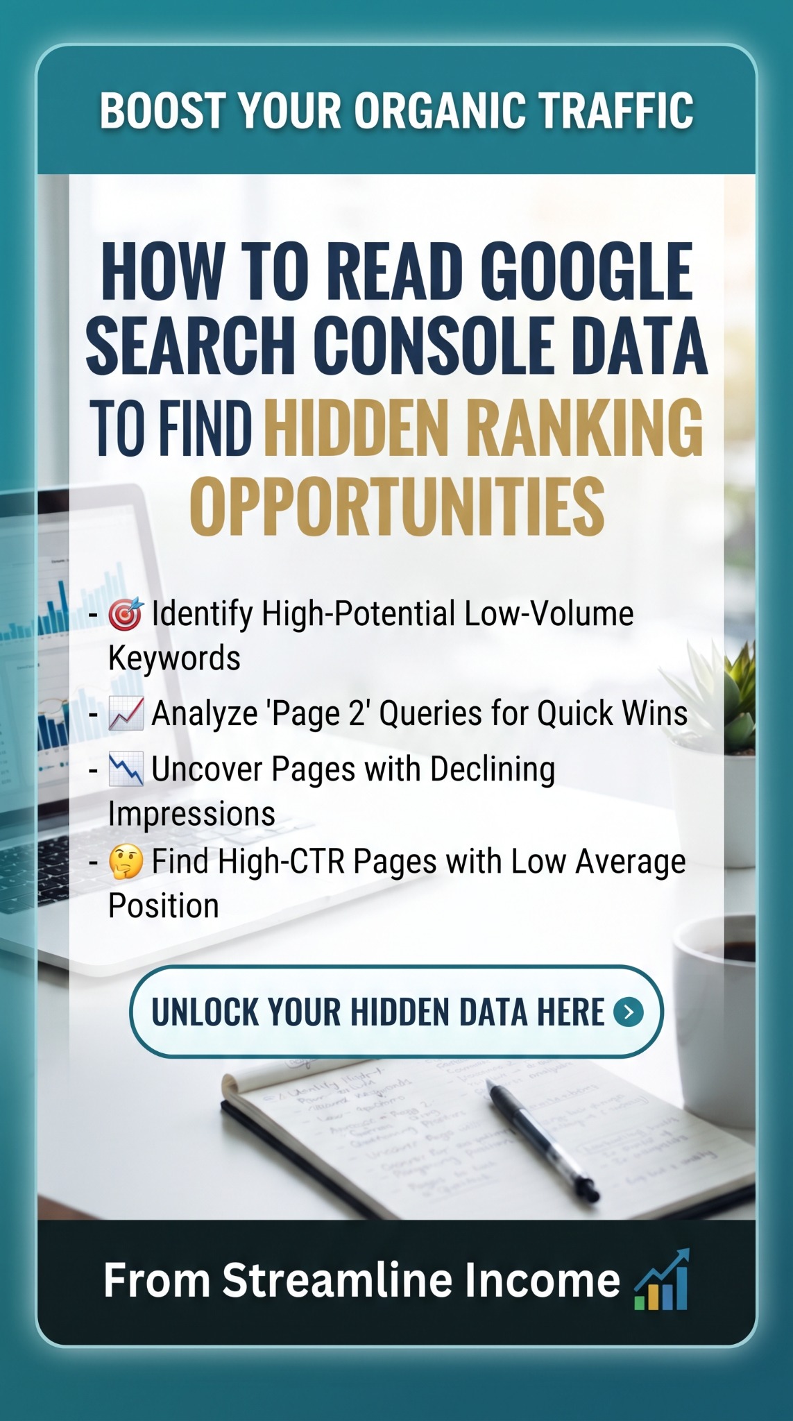 Pinterest checklist for finding Search Console opportunities: overlooked keywords, page two queries, declining impressions and strong CTR with weaker positions