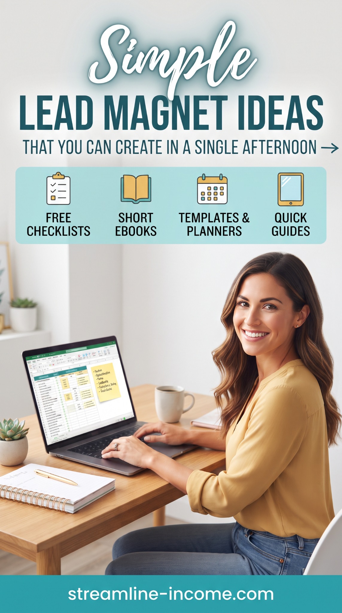 Streamline Income pin featuring free checklists, short ebooks, templates and planners, and quick guides you can create in an afternoon
