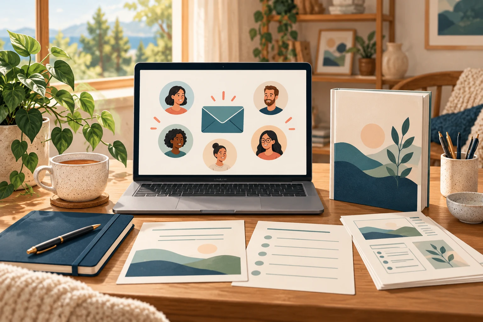 A welcoming workspace with an email community on a laptop screen beside a workbook and practical template sheets