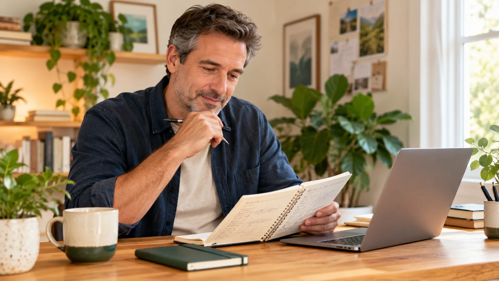 A solo entrepreneur developing a business idea at home