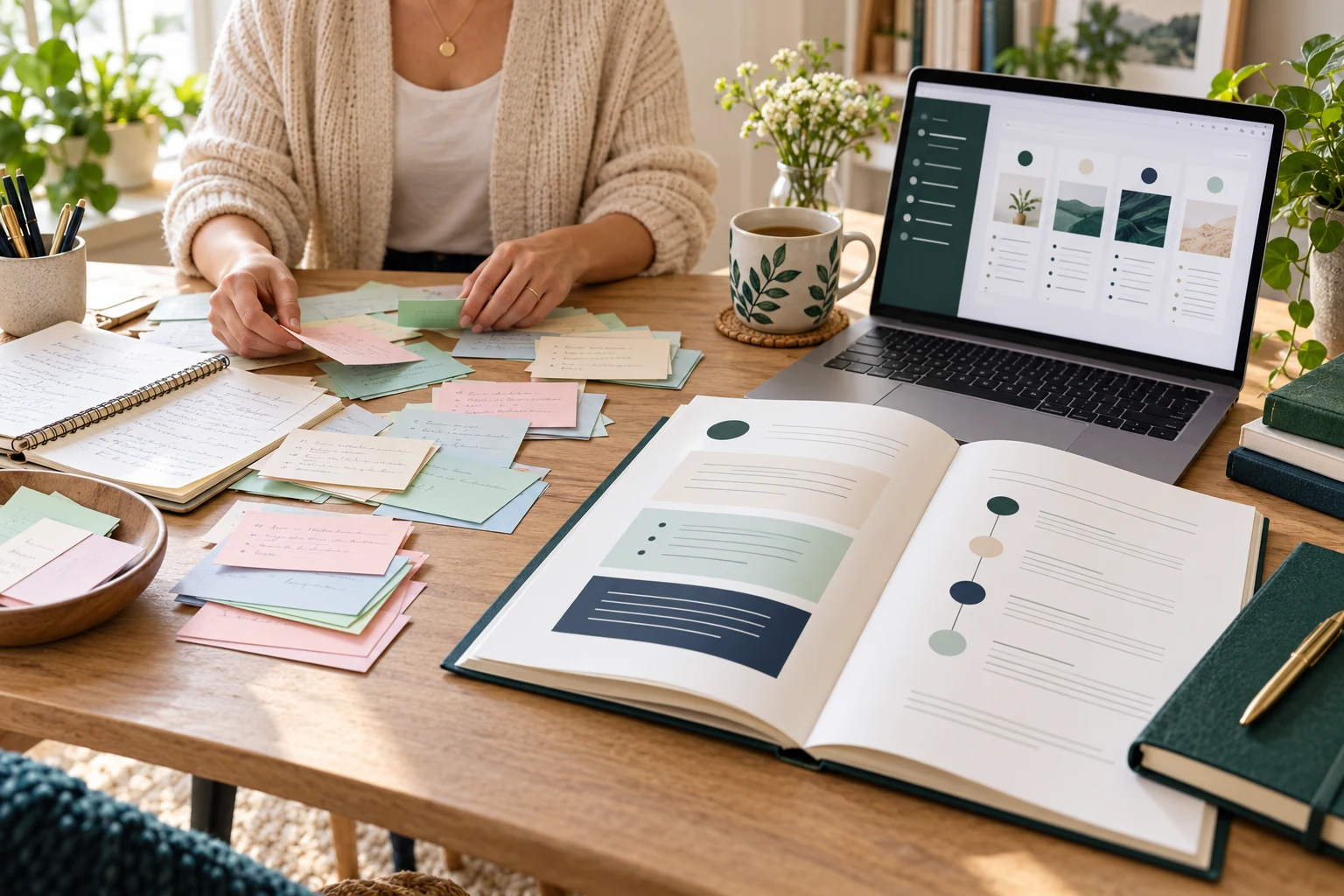 A creator arranging handwritten notes beside an organised workbook and laptop in a bright home workspace