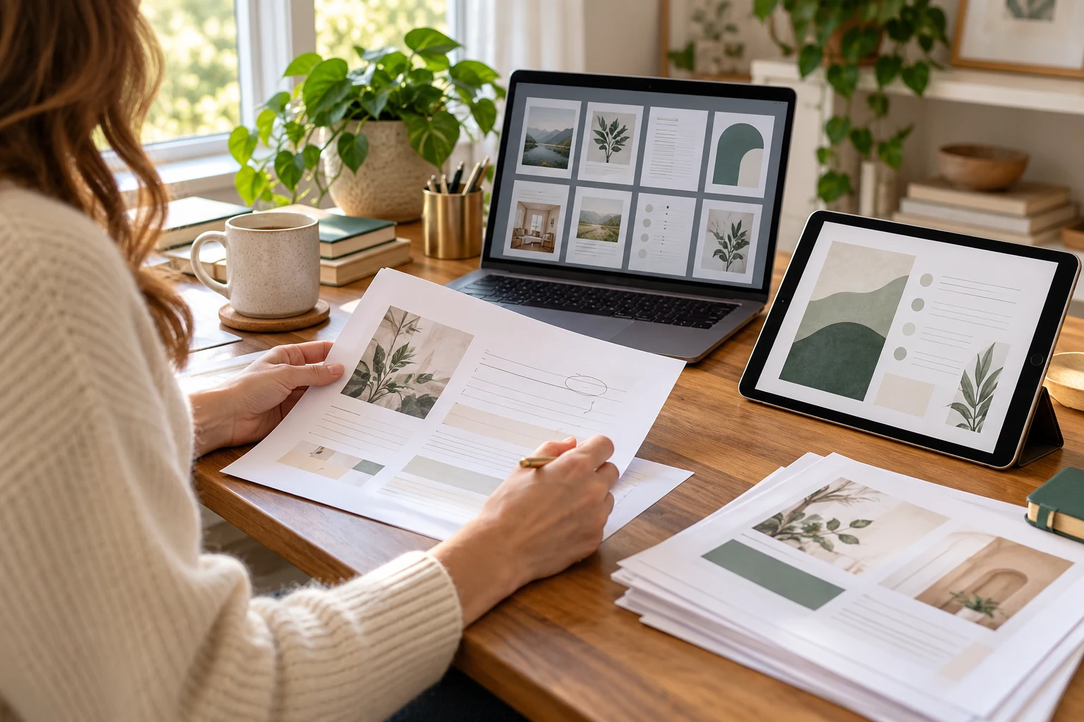 A creator reviewing printed workbook revisions beside updated digital documents on a tablet and laptop